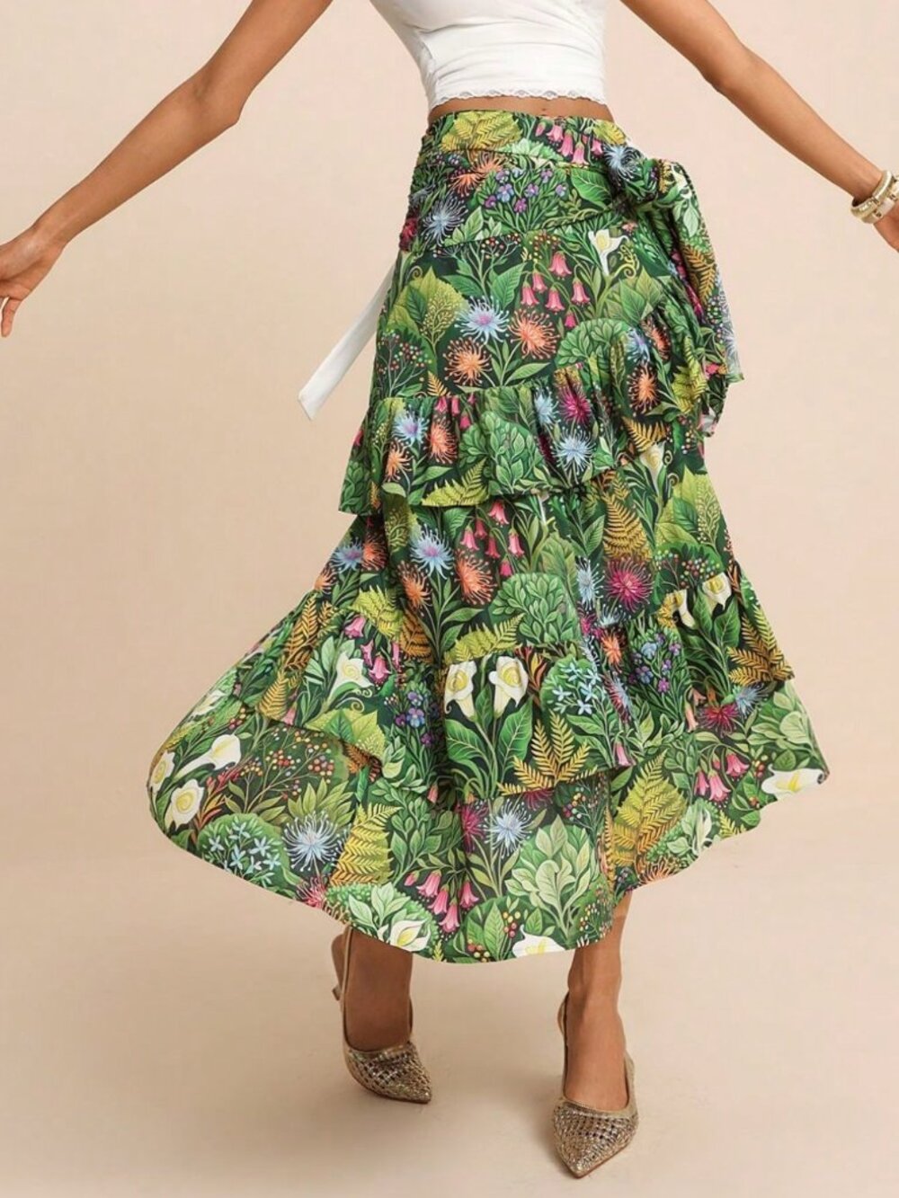 Green Boho Women's Tropical Plants Tiered Wrap Asymmetrical Layered Skirt